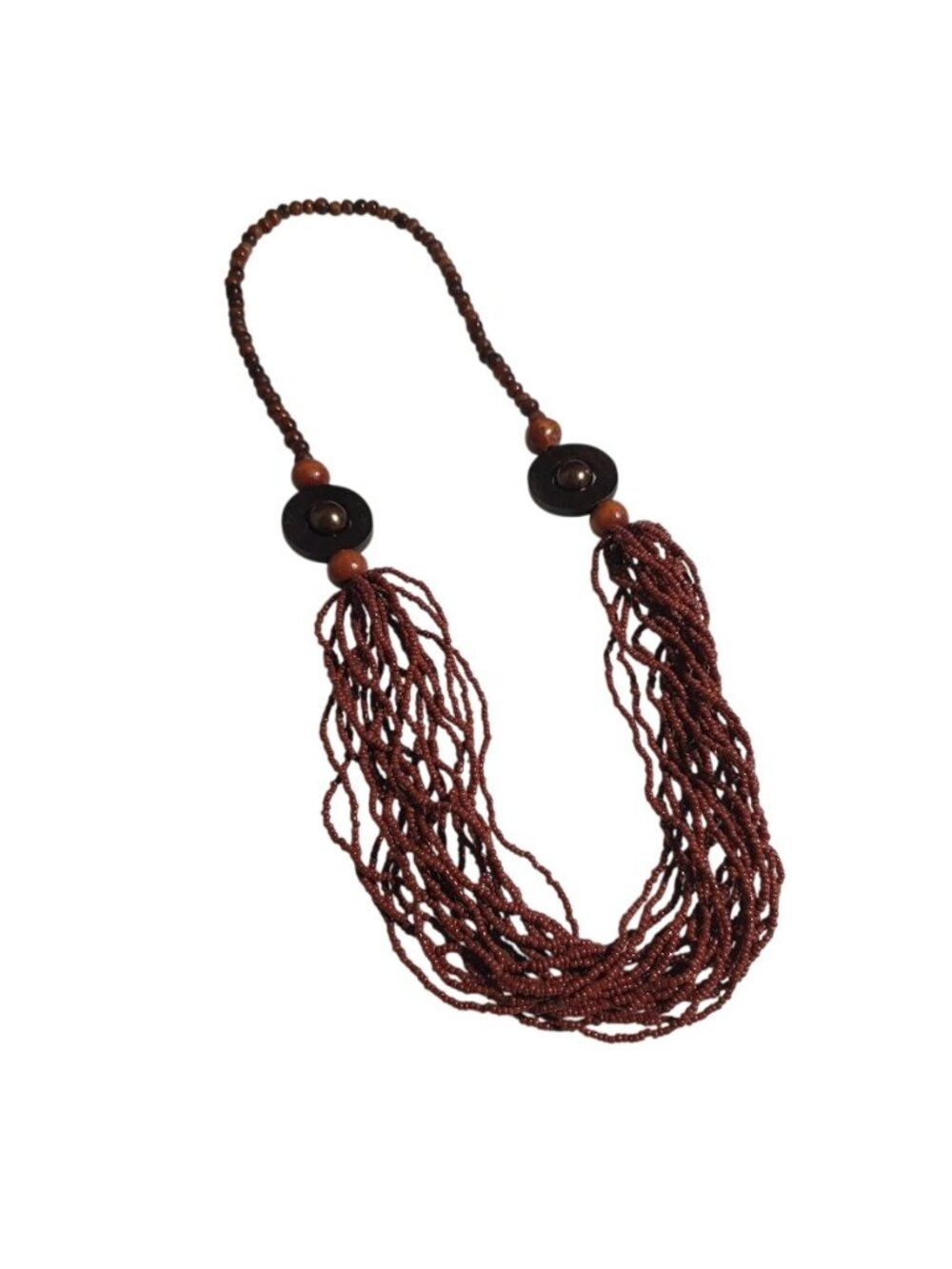 Wood Bead Multistrand Brown Statement Necklace Tribal Inspired Handmade 28 Inch